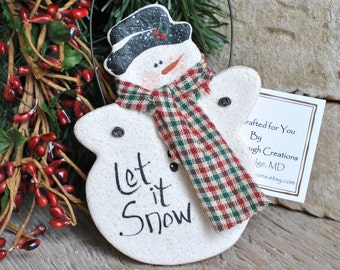 Let it Snow Snowman Salt Dough Christmas Ornament / Stocking Stuffer / Party Favor / Xmas Napkin Rings