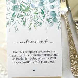 Eucalyptus Winter Greenery Bridal or Baby Shower Custom Enclosure Card Insert Instant Download Template Printable Template, Corjl A134