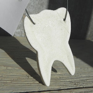 May include: White ceramic tooth ornament with a wire loop for hanging. The tooth is textured and has a slightly rough surface.