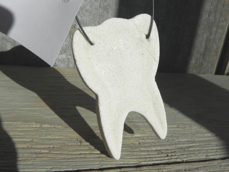 May include: White ceramic tooth ornament with a wire loop for hanging. The tooth is textured and has a slightly rough surface.