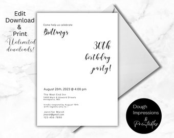 Printable Minimal Birthday Party Invitation Template 5x7 and Evite Included Editable DIY Digital Templates, Corjl