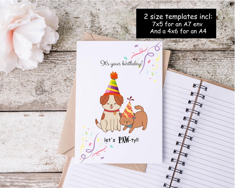 Dog and Cat Birthday Card / Instant Download / 2 Sizes Inc. / Template DIY Digital Template image 2