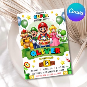 Może przedstawiać: Zaproszenie urodzinowe z motywem Super Mario przedstawiające Mario, Luigiego, Księżniczkę Peach, Bowsera i Yoshiego. Karta zawiera tekst JOIN US FOR A SUPER BIRTHDAY PARTY, OLIVER IS TURNING 5 oraz szczegóły wydarzenia na niedzielę 20 sierpnia.