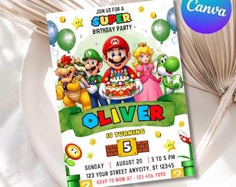 Invito di compleanno di Super Mario modificabile. Invito per festa di Mario per bambini e bambine. Download immediato. Modello Canva modificabile, formato 5 x 7 pollici.