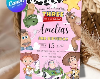 女の子向けトイ・ストーリー招待状テンプレート、トイ・ストーリー誕生日パーティー、3歳の誕生日デジタル招待状、子供の誕生日パーティー、ウッディ、君には友達がいる
