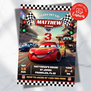 May include: A birthday invitation card featuring a red race car, a blue sports car, and a brown tow truck on a racetrack. The text reads READY SET GO! MATTHEW IS TURNING 3, with event details including date, time, location, and RSVP phone number.