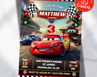 Editable Cars Birthday Invitation, Birthday Invitation, Lightning McQueen Invitation, Kids Birthday Invitation, Editable Canva Template