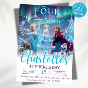 Può includere: Un biglietto d'invito per compleanno con Elsa, Anna, Olaf e Sven di Frozen. Il testo recita FOUR THE FIRST TIME IN forever, Charlotte's 4TH BIRTHDAY, DECEMBER 15, 6 TO 8 PM, At Frozen Castle 123 Your Fav St., Any City, CA 12345, Rsvp To Amelia At : 123 456 7890.