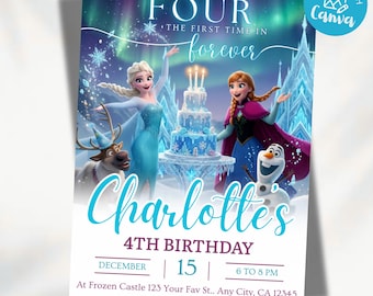 Frozen Four The First Time In Forever Birthday Invitation Frozen 4th Birthday Invitation Kids Fourth Party Invite Elsa Anna Digital Download
