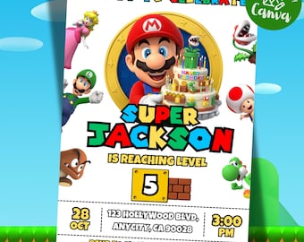 スーパーマリオの誕生日招待状、編集可能なマリオギャラクシープールパーティー招待状、スーパーマリオの夏をテーマにしたパーティー、デジタルダウンロード、印刷可能