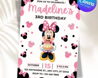 ミニーマウスの誕生日招待状、ピンクの女の子向けパーティー招待状、子供の誕生日招待状、Canvaテンプレート、DIYテキスト、Canva即時ダウンロード