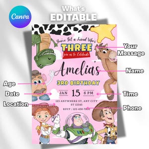 Plantilla de invitación de Toy Story para niña, fiesta de cumpleaños de Toy Story, tercera invitación digital, fiesta de cumpleaños infantil, Woody, tienes un amigo imagen 7
