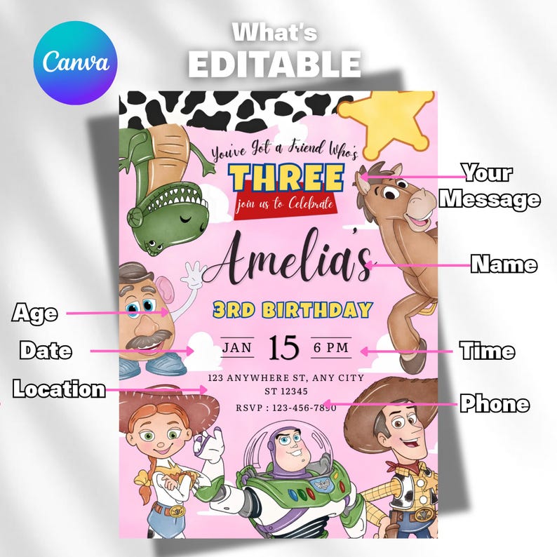 Plantilla de invitación de Toy Story para niña, fiesta de cumpleaños de Toy Story, tercera invitación digital, fiesta de cumpleaños infantil, Woody, tienes un amigo imagen 7