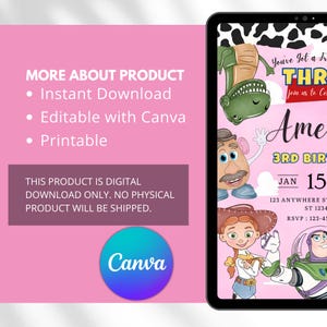 Puede incluir: Una plantilla de invitaci&oacute;n de cumplea&ntilde;os digital en una pantalla de tableta, con personajes de dibujos animados que incluyen un dinosaurio verde, una figura de patata, una vaquera y un guardi&aacute;n espacial, con estampado de vaca y texto.