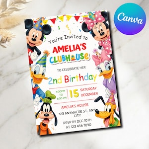 May include: A rectangular birthday invitation card featuring Mickey Mouse, Minnie Mouse, Donald Duck, Daisy Duck, Goofy, and Pluto wearing party hats. The text reads: You're Invited to AMELIA'S CLUBHOUSE TO CELEBRATE HER 2nd Birthday, 15 SATURDAY DECEMBER.