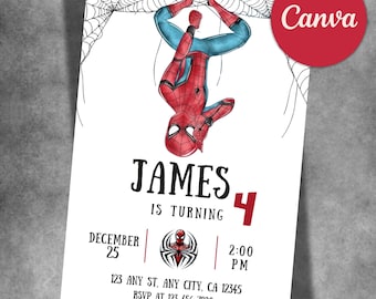 Spider Man Invitation, Spider-man Boys Birthday Party Digital Invitation, Kids Birthday Card, Digital Download, Editable Template Canva