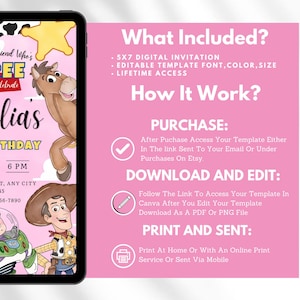 Puede incluir: Una plantilla de invitaci&oacute;n de cumplea&ntilde;os digital de 13x18 cm con personajes de dibujos animados sobre un fondo rosa con nubes blancas y una estrella amarilla. El texto incluye What Included, How It Work, Purchase, Download and Edit y Print and Sent con instrucciones para acceder y editar la plantilla a trav&eacute;s de Canva.