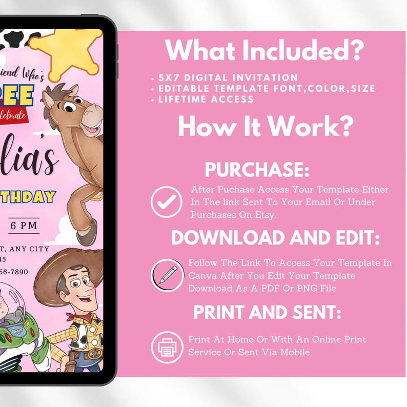 Puede incluir: Una plantilla de invitaci&oacute;n de cumplea&ntilde;os digital de 13x18 cm con personajes de dibujos animados sobre un fondo rosa con nubes blancas y una estrella amarilla. El texto incluye What Included, How It Work, Purchase, Download and Edit y Print and Sent con instrucciones para acceder y editar la plantilla a trav&eacute;s de Canva.
