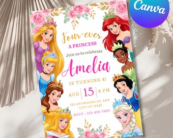 Four Ever A Princess Birthday Invitation Fourever A Princess Invitation 4th Birthday Invite Princess Party Royal Theme CANVA EDITABLE