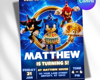 ソニック3の誕生日招待状、ソニック・ザ・ヘッジホッグのパーティー招待状、ソニック3のパーティー招待状、印刷可能な子供向け誕生日パーティー、編集可能なCanvaテンプレート
