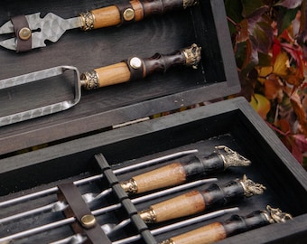 Grill Skewer Set In Wooden Case, Handmade BBQ Gift Box, Kebab Accessories With Wood Handles, Rustic Picnic Cooking Set, Gift for Husband