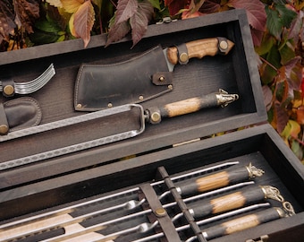 Kebab Skewer Set, Handmade BBQ Accessories In Wooden Case, Rustic Grill Gift Box, Outdoor Cooking Set For Men, Gift For Him