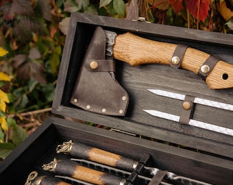 Kebab Skewer Set, Handmade BBQ Accessories In Wooden Case, Rustic Grill Gift Box, Outdoor Cooking Set For Men, Father's Day Gift