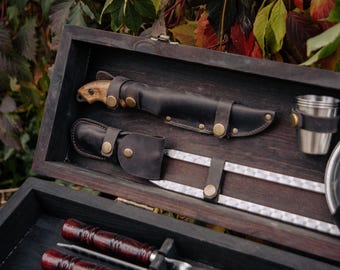 Juego de brochetas para barbacoa en estuche de madera, juego de regalo premium para parrilla, utensilios para barbacoa para cocinar al aire libre, regalo hecho a mano para hombres, accesorios para parrilla