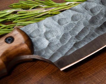 Kitchen Cleaver Knife, Handmade Forged Chef Knife, Wood Handle Meat Cleaver, Hammered Steel Cooking Blade, Rustic Gift
