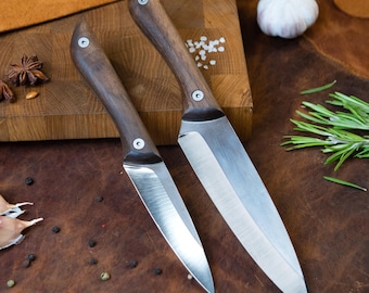 Kitchen Knife Set with Honing Rod, Handmade Chef Knife Set, Butcher Knife and Utility Knife, Cooking Gift for Him, Grill Gift for Dad