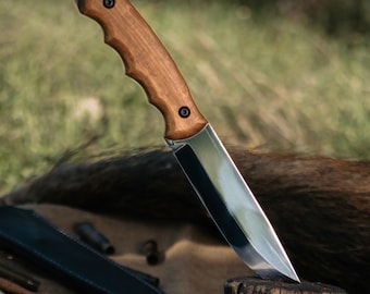 Bushcraft Knife Handmade, Outdoor Fixed Blade Knife, Camping Tool With Wood Handle, Rustic Utility Blade Gift For Him