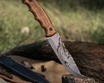 Engraved Bushcraft Knife, Handmade Fixed Blade Knife with Wooden Handle, Outdoor Camping Tool, Memorable Gift for Him, Gift For Husband