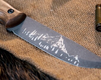 Outdoor Knife Handmade, Fixed Blade Camping Knife, Bushcraft Tool with Wood Handle, Mountain Etched Blade, Gift for Camper