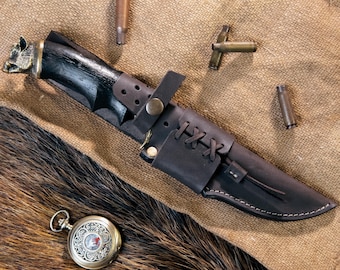 Hunting Knife Handmade, Fixed Blade Outdoor Knife, Rustic Field Knife With Ornate Handle, Gift For Him, Collector Display