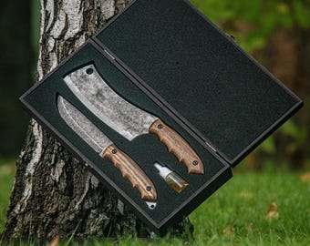 Personalized Outdoor Cooking Set, Handmade Cleaver & Utility Knife in Box, Walnut Wood Handles, Bushcraft Camping Gear, Unique Male Gift