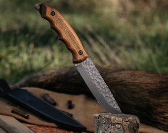 Handmade Hunting Knife with Textured Blade, Full Tang Outdoor Knife with Walnut Handle, Custom Engraved Hunting Knife Gift for Mens
