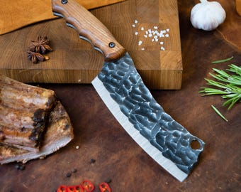 Handmade Kitchen Cleaver Knife with Walnut Handle, Heavy Duty Meat Cutting Knife, Custom Engraved Cooking Knife for Kitchen, BBQ Lover Gift