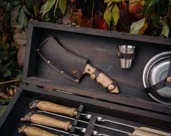 Grill Skewer Gift Set, Handmade BBQ Accessories In Wooden Box, Kebab Serving Set With Wooden Handles, Gift For Him, Fathers Day Gift