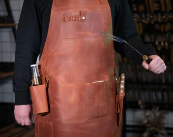 Leather Apron Men, BBQ Apron, Grill Apron, Handmade Crazy Horse Apron With Tool Holders For Outdoor Cooking, Chef Gift
