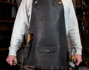 Chef Apron Leather, BBQ Apron Men, Grill Apron With Tool Holders And Storage Pockets, Handmade Gift For Grill Master