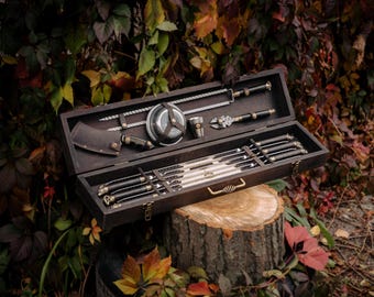 Handmade BBQ Gift Set, Grill Skewers In Wooden Case, Kebab Serving Accessories, Rustic Picnic Box, Picnic Gift Set For Men