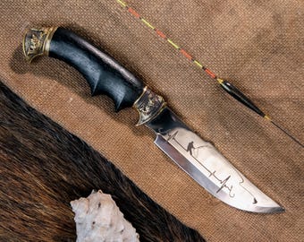 Bushcraft Knife, Fixed Blade Knife, Handmade Outdoor Camping Knife With Wood Handle And Decorative Blade Art, Gift For Him