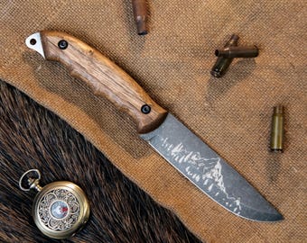 Custom Engraved Hunting Knife with Mountain Design, Handmade Camping Knife Gift for Dad, Walnut Handle, Personalized Hunting Knife