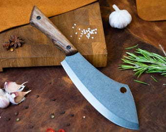 Kitchen Cleaver Knife, Handmade Forged Chef Blade, Wood Handle Cooking Knife, Rustic Meat Chopper Gift For Him, BBQ Prep Tool