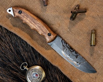 Custom Outdoor Knife With Engraved Blade and Walnut Handle, Steel Utility Knife for Camping Use, Unusuall GIft for Dad, Gift for Husband