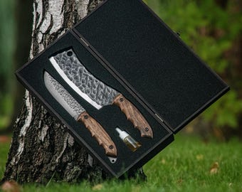 Wood Handle Knife Set, Handmade Forged Kitchen Knives, Outdoor Utility Blade Set, Hammered Finish, Gift Box For Him