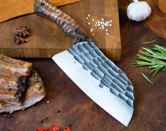 Culinary Knife With Custom Engraving, Handmade Textured Kitchen Cleaver Knife, Solid Steel Cooking Knife With Walnut Handle, Gift for Mens