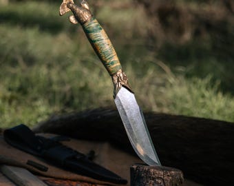 Camping Knife, Fishing Knife, Handmade Fixed Blade Outdoor Knife with Artisan Handle Detail, Gift for Collector, Outdoor Gear Knife