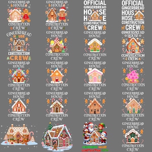 Könnte beinhalten: Eine Sammlung von Lebkuchenhaus-Designs mit dem Text "Construction Crew Gingerbread House". Die Designs zeigen Lebkuchenmänner, Zuckerstangen und verschiedene Hausstile, alles auf grauem Hintergrund.