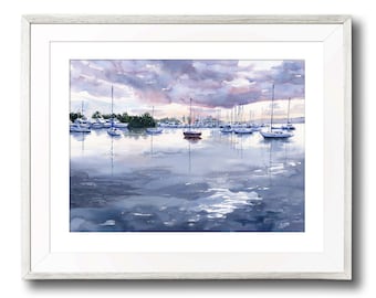 Storm over the ocean. Illustration Art Print of Boats on the Ocean with Storm Clouds in the sky,  Wall art, Ocean theme.